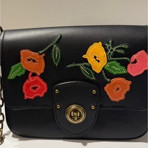 Lauren, Ralph Lauren - Genuine Leather Floral Embellished Black Crossbody Bag